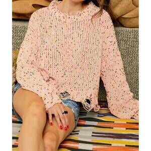 NEW ADORA sprinkle cable knit distressed sweater in pink confetti